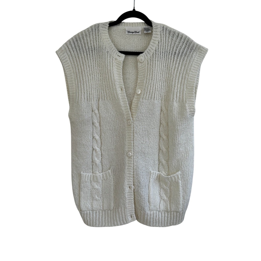 Vtg Carriage Court Cream Cable Knit Button Front Sweater Vest Pockets Large